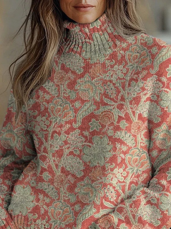 Sylvie - Watercolor Retro Floral Pattern Printed Knit Turtleneck Pullover Sweater-15553139769717-Mirella Fiore