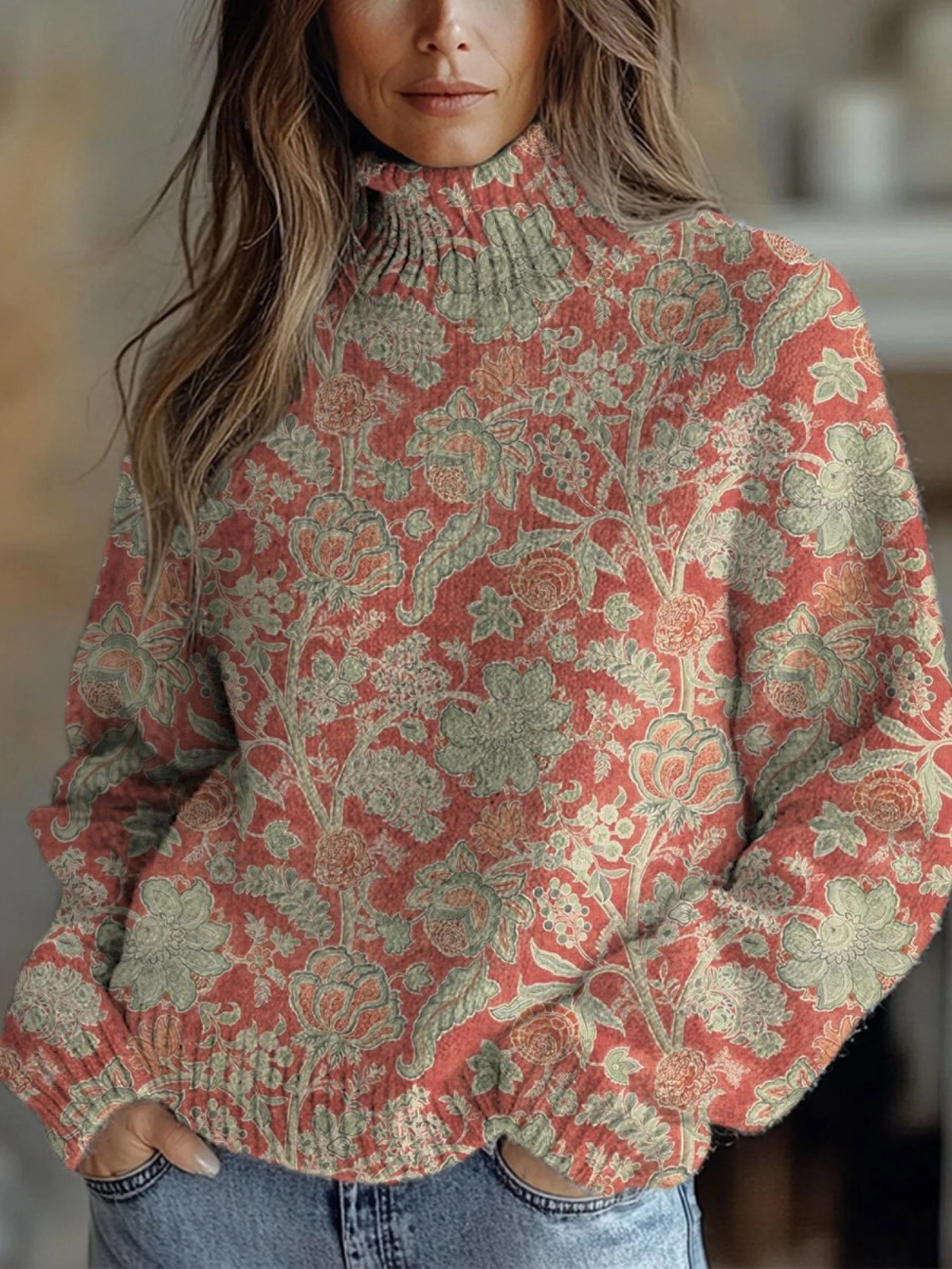 Sylvie - Watercolor Retro Floral Pattern Printed Knit Turtleneck Pullover Sweater-15553139769717-Mirella Fiore