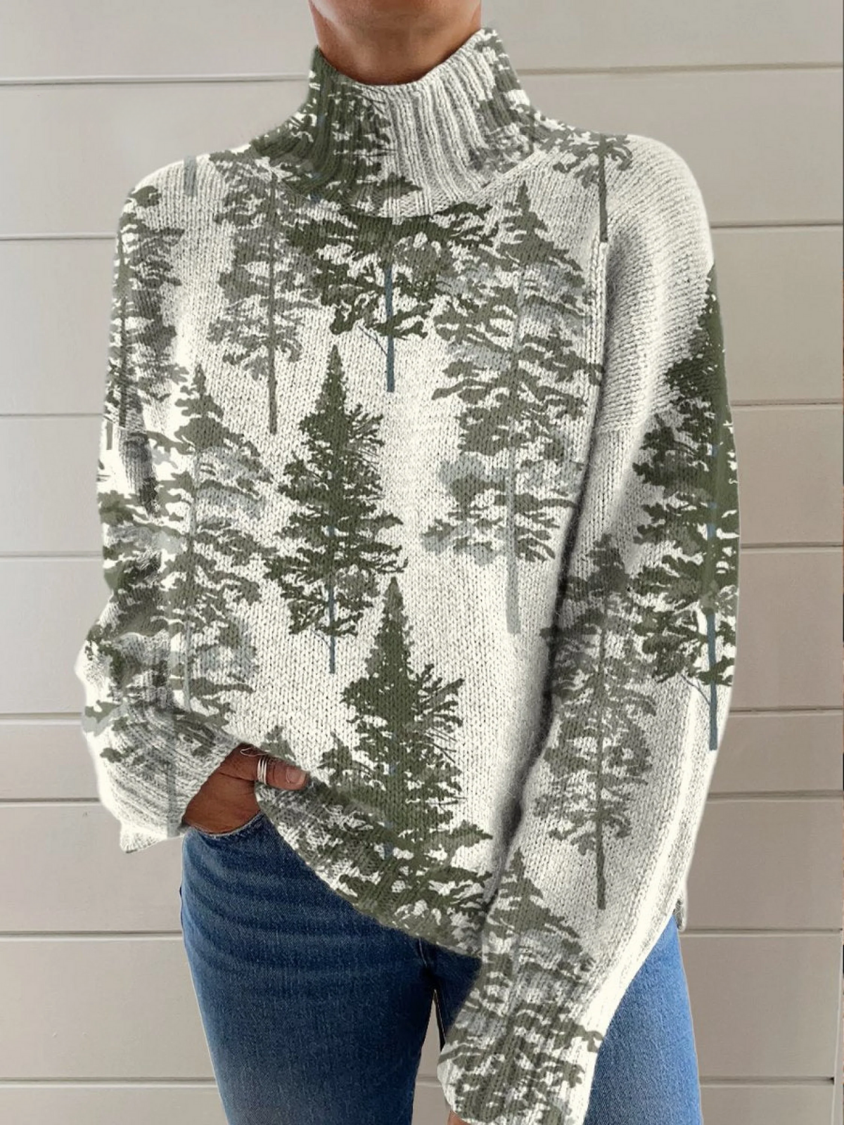 Thalassa - Tree Art Pattern Print Knit Turtleneck Pullover Sweater-15553140818293-Nancy & Mae Savannah