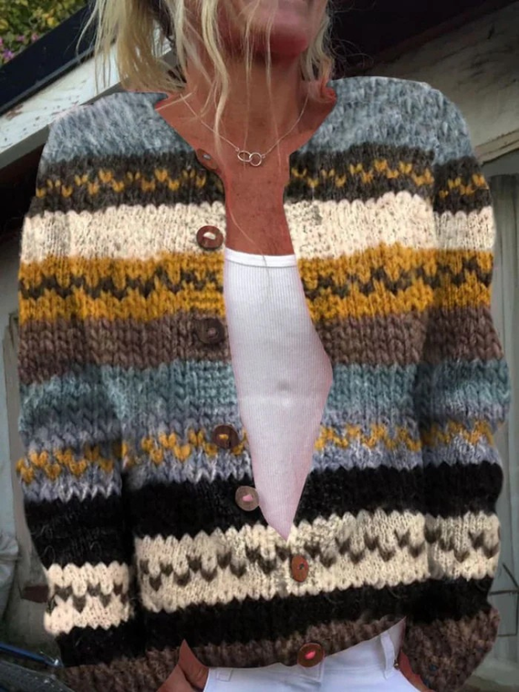 Therese - Striped Colour Block Print Buttoned Cardigan Sweater-15530556326261-Nancy & Mae Savannah