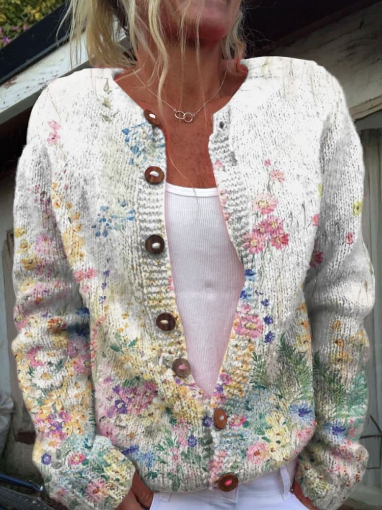 Vivian - Vintage Flower Art Print Buttoned Cardigan Sweater-15530555998581-Mirella Fiore