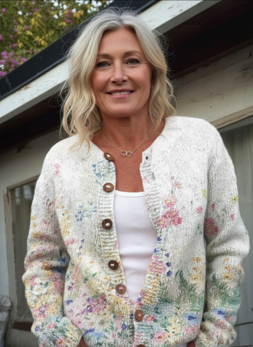 Vivian - Vintage Flower Art Print Buttoned Cardigan Sweater-15530555998581-Mirella Fiore