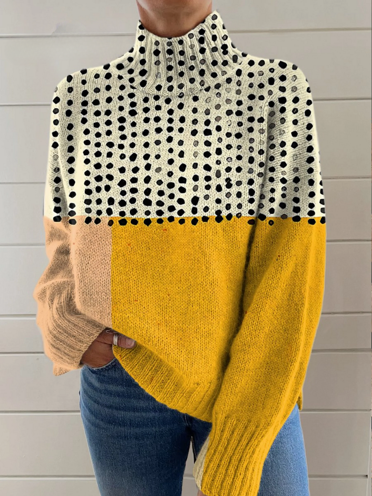 Vivian - Yellow Color-blocked Dots Print Knit Turtleneck Pullover Sweater-15553139638645-Mirella Fiore