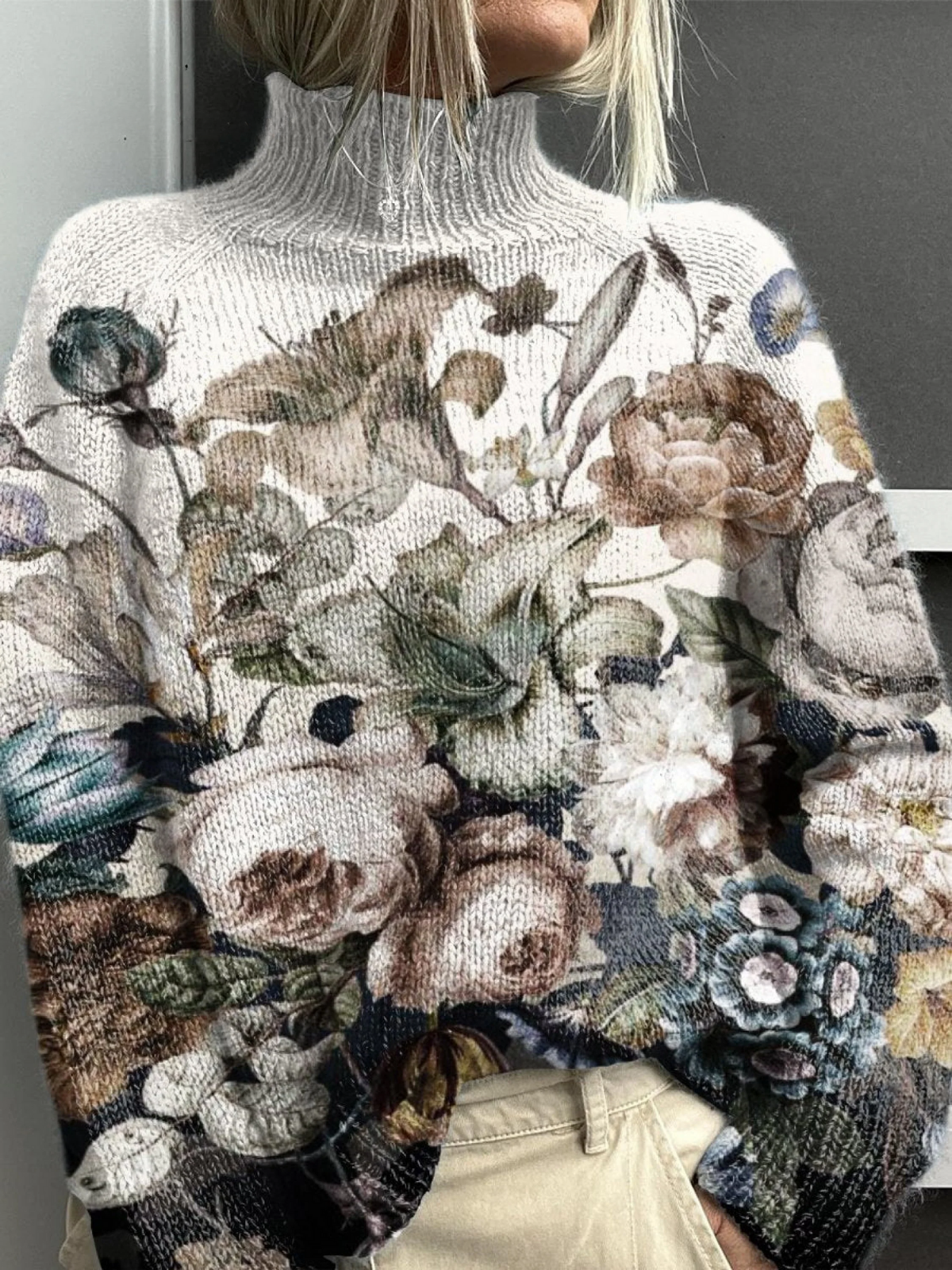 Wenna - Vintage Distressed Floral Art Print Knit Turtleneck Pullover Sweater-15553139409269-Mirella Fiore