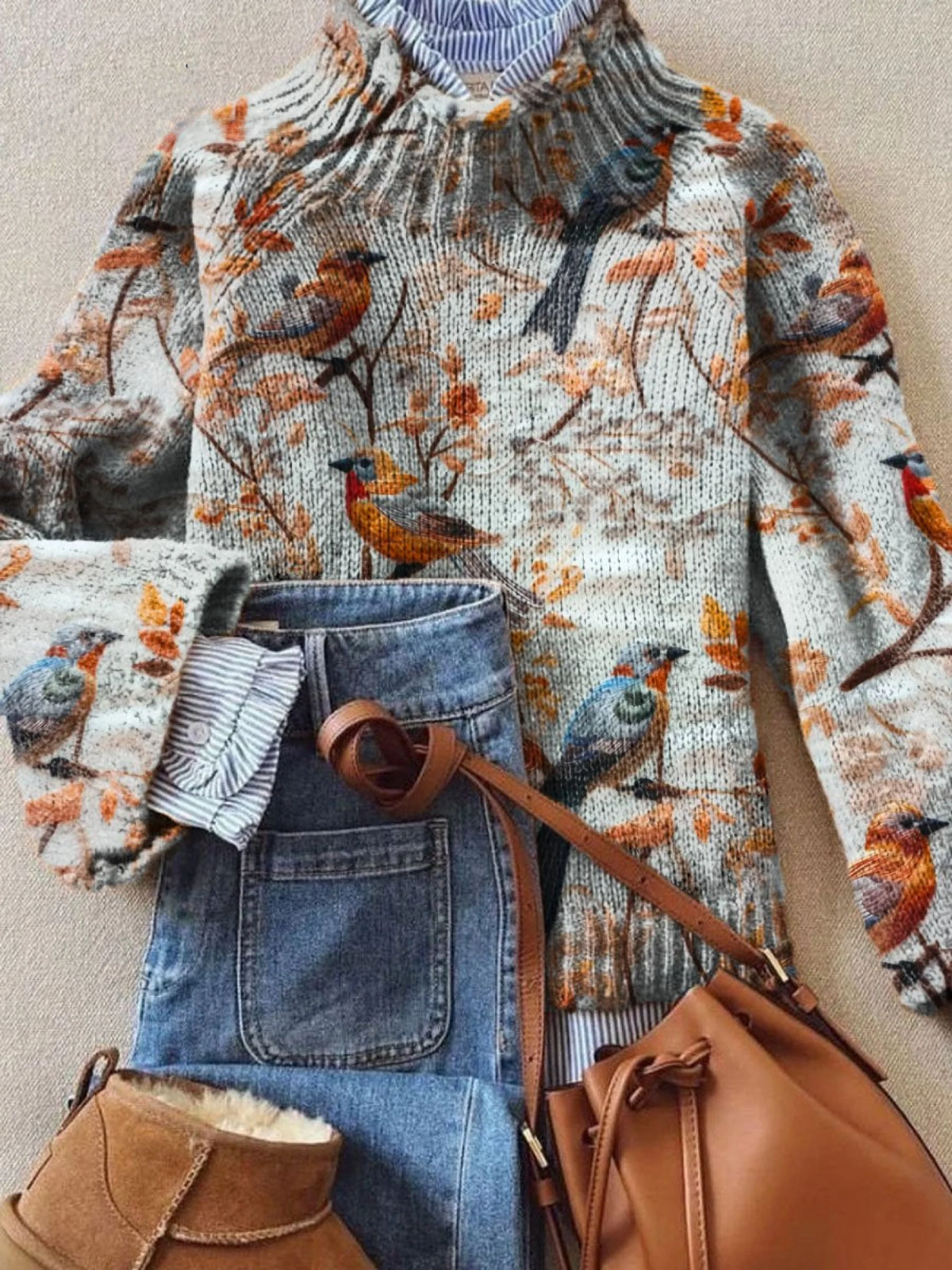 Zephyra - Vintage Lovely Floral Birds Art Print Knit Turtleneck Pullover Sweater-15553140392309-Nancy & Mae Savannah